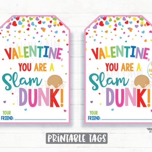 Slam Dunk Cookies Valentine Tag, Girl Basketball aroos Cookies and Frosting Preschool Valentines Classroom Printable Valentine Tags
