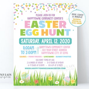 Editable Easter Egg Hunt Flyer, Outdoor Egg Hunt Invitation, Printable Community Flier, Invite, Grass, Spring, Digital Download, Church