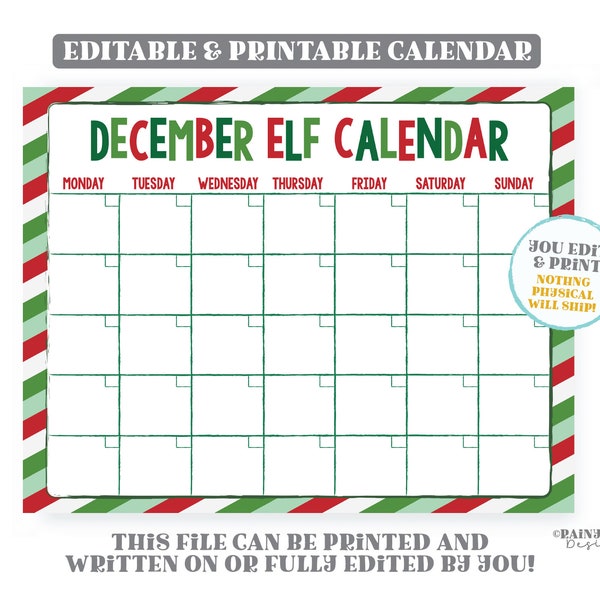 Elf Planning Calendar Printable Elf Calendar Editable Christmas Elf Ideas Elf Printables Instant Download December Calendar Planning