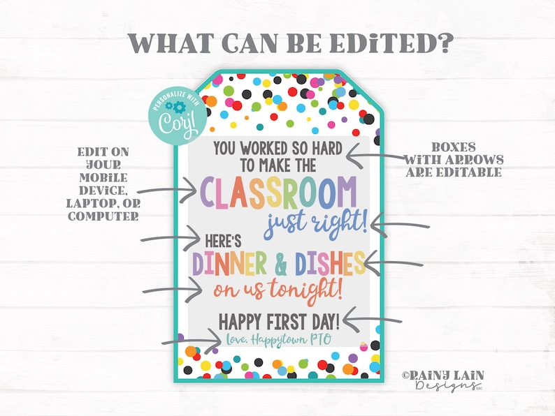 May include: A colorful digital printable sign with the text "You worked so hard to make the classroom just right! Here's dinner & dishes on us tonight!" Editable on mobile devices, laptops, or computers.