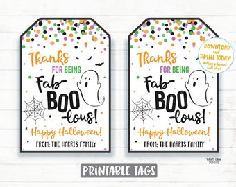 May include: Two Halloween-themed printable tags with black borders. The tags feature orange, green, purple, and black confetti, along with the text "Thanks for being Fab-BOO-lous!" and "Happy Halloween!" A ghost and spiderweb are also included.