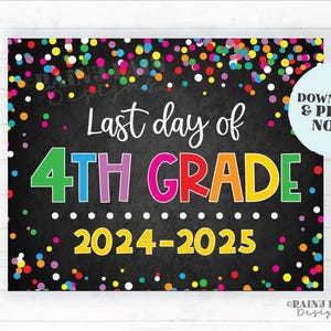 May include: A chalkboard-style sign with the text "Last day of 4th Grade 2024-2025" in colorful letters. The sign is decorated with colorful confetti and a blue circle with the words "Download & Print Now!"