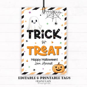 Editable Trick or Treat Halloween Gift Tag Template, Printable Happy Halloween Party Favor, Teacher, Costume, Kids, Download, Corjl