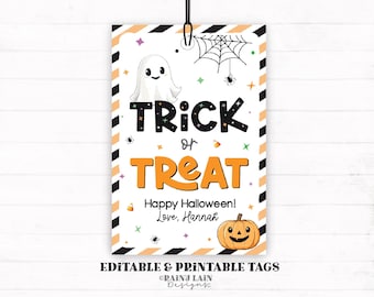 Editable Trick or Treat Halloween Gift Tag Template, Printable Happy Halloween Party Favor, Teacher, Costume, Kids, Download, Corjl