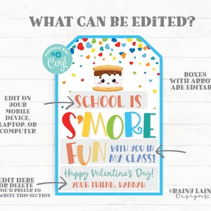 May include: Editable Valentine's Day printable tag with a s'more graphic and the text "School is S'more Fun with you in my class! Happy Valentine's Day! Your friend, Hannah".