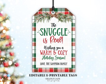 Etiqueta de regalo Snuggle is Real, Navidad, Vacaciones, Manta, Manta de tiro, Mitones, Amigo secreto, Oficina de elefante blanco, Compañero de trabajo, Maestro, Editable