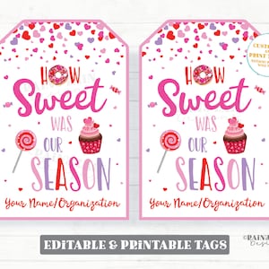 May include: Two pink printable gift tags with a Valentine's Day theme. The tags feature a pink background with a white border and a scattering of red and purple hearts. The text on the tags reads "How Sweet Was Our Season." The tags also feature a doughnut, cupcake, and lollipop.
