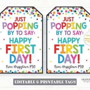 Editável aparecendo para dizer feliz primeiro dia, 1º, boas-vindas ao aluno, conheça o professor, volta às aulas, pipoca, brinquedo pop, PTO, PTA