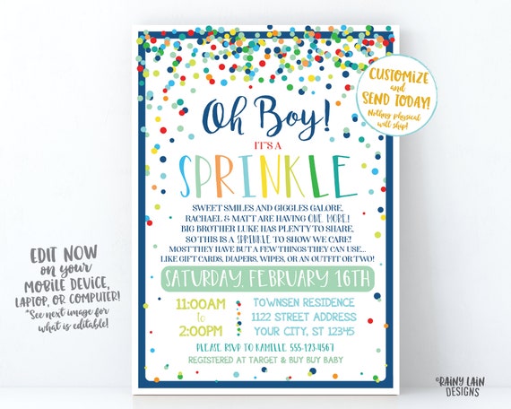 Printable Baby Sprinkle Invite Boy Baby Sprinkle Invite Editable Sprinkle Ideas Sprinkle Shower Sprinkle Invitation Navy Blue Mint Oh Boy