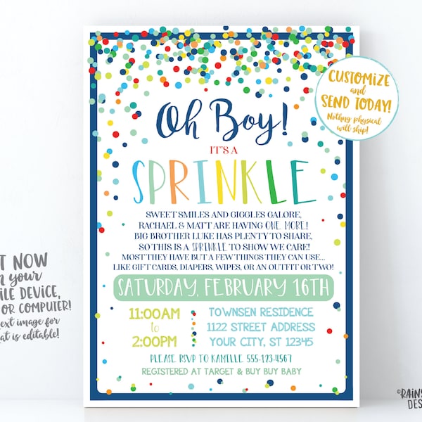 Printable Baby Sprinkle Invite Boy Baby Sprinkle Invite Editable Sprinkle Ideas Sprinkle Shower Sprinkle Invitation Navy Blue Mint Oh Boy