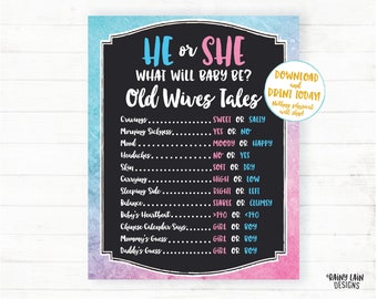 Gender Reveal Old Wives Tales Sign, Gender Reveal Poster, Old Wives Tales Chalkboard, Watercolor, He or She What will Baby Be, Tales Poster