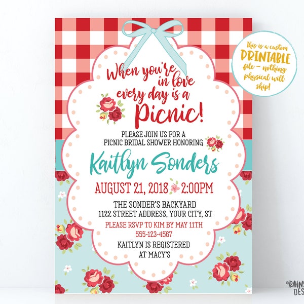 Bridal Shower Picnic Invitation, Rustic Bridal Shower Invitation, Picnic Bridal Shower Invite, Gingham Picnic Invite, Vintage Rose Invite