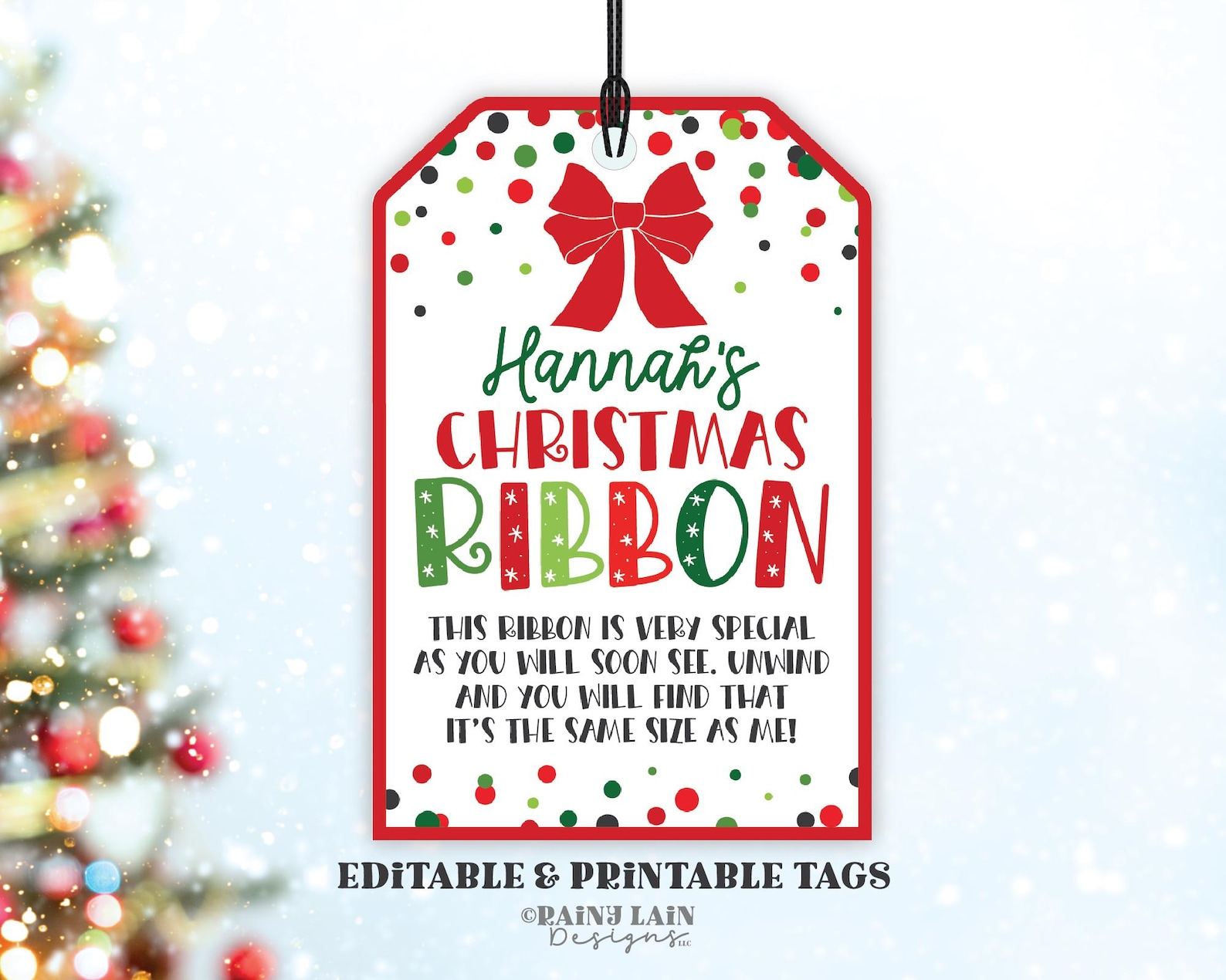 Measuring Ribbon Ornament Editable Christmas Ribbon Ornament Tag Template, Height Ribbon Keepsake ...