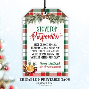 May include: A red and green plaid printable gift tag with the text "Stovetop Potpourri" and instructions for making a stovetop potpourri. The tag also includes the text "Merry Christmas!" and "Love, The Sampson Family".