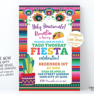 Taco TWOsday Invitation, Fiesta Invitations, Mexican Fiesta Invitation, Girl taco twosday Invite, Fiesta Birthday Invite, Cactus Invites