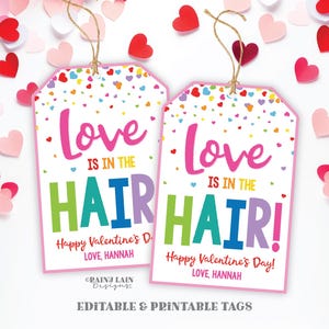 Scrunchie Gift Tag, Love is in the Hair, Valentine&#39;s Day Hair Tie, Bow, Headband, Preschool Classroom Kids Co-worker Non-Candy, Teacher