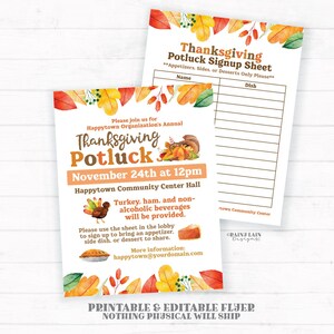 Puede incluir: Folleto imprimible para un potluck de Acción de Gracias. El folleto presenta una ilustración de acuarela de hojas de otoño y un pavo. El texto dice "Happytown Organization's Annual Thanksgiving Potluck, November 24th at 12pm, Happytown Community Center Hall".