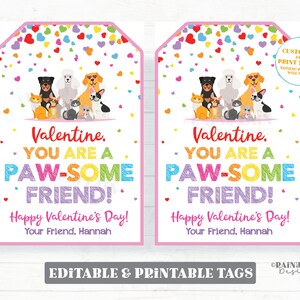 Pawsome Friend Valentine, Paw-some Valentine's Day Tag, Cat Kitten Puppy Dog Pré-escola Sala de Aula Imprimível Crianças Não Doces Editável Valentine