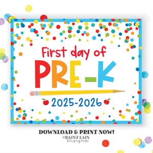 Letrero para el primer día de preescolar, regreso a clases, imprimible, primer día de preescolar, preescolar, foto escolar, utilería para fotos, confeti azul instantáneo, 2025-2026