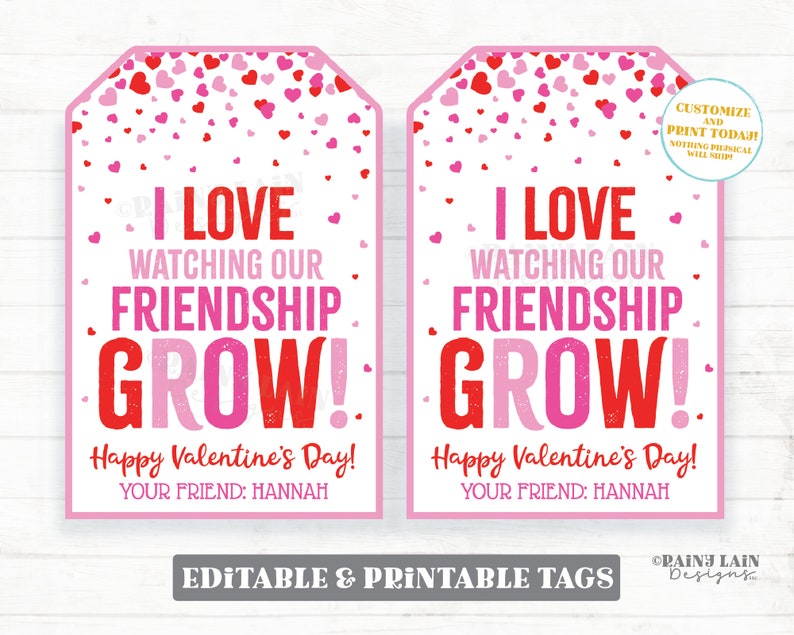 May include: Two pink printable Valentine's Day gift tags with a white background and pink and red hearts. The text on the tags reads "I love watching our friendship grow! Happy Valentine's Day! Your friend: Hannah".
