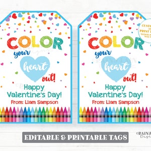 Color Your Heart Out Valentine&#39;s Day Tag, Coloring Book Crayon Preschool Valentine Classroom Printable Non-Candy Easy DIY Valentine Tags