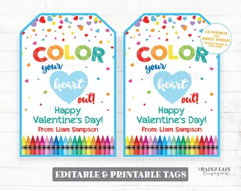 May include: Two printable Valentine's Day gift tags with a rainbow heart design. The tags feature the text "Color your heart out! Happy Valentine's Day!" and a row of crayons at the bottom. The text "From: Liam Sampson" is included on each tag.