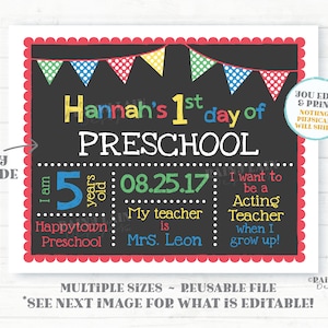 First day of school sign Editable Template 1st day of Preschool Chalkboard Back to School Printable Primary Colors Red Blue Polkadot Bunting