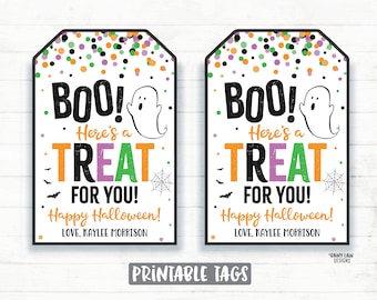 May include: Two printable Halloween treat tags with a ghost, bats, and a spider web. The tags are white with orange, green, and purple confetti. The text on the tags reads "BOO! Here's a TREAT FOR YOU! Happy Halloween! Love, Kaylee Morrison".