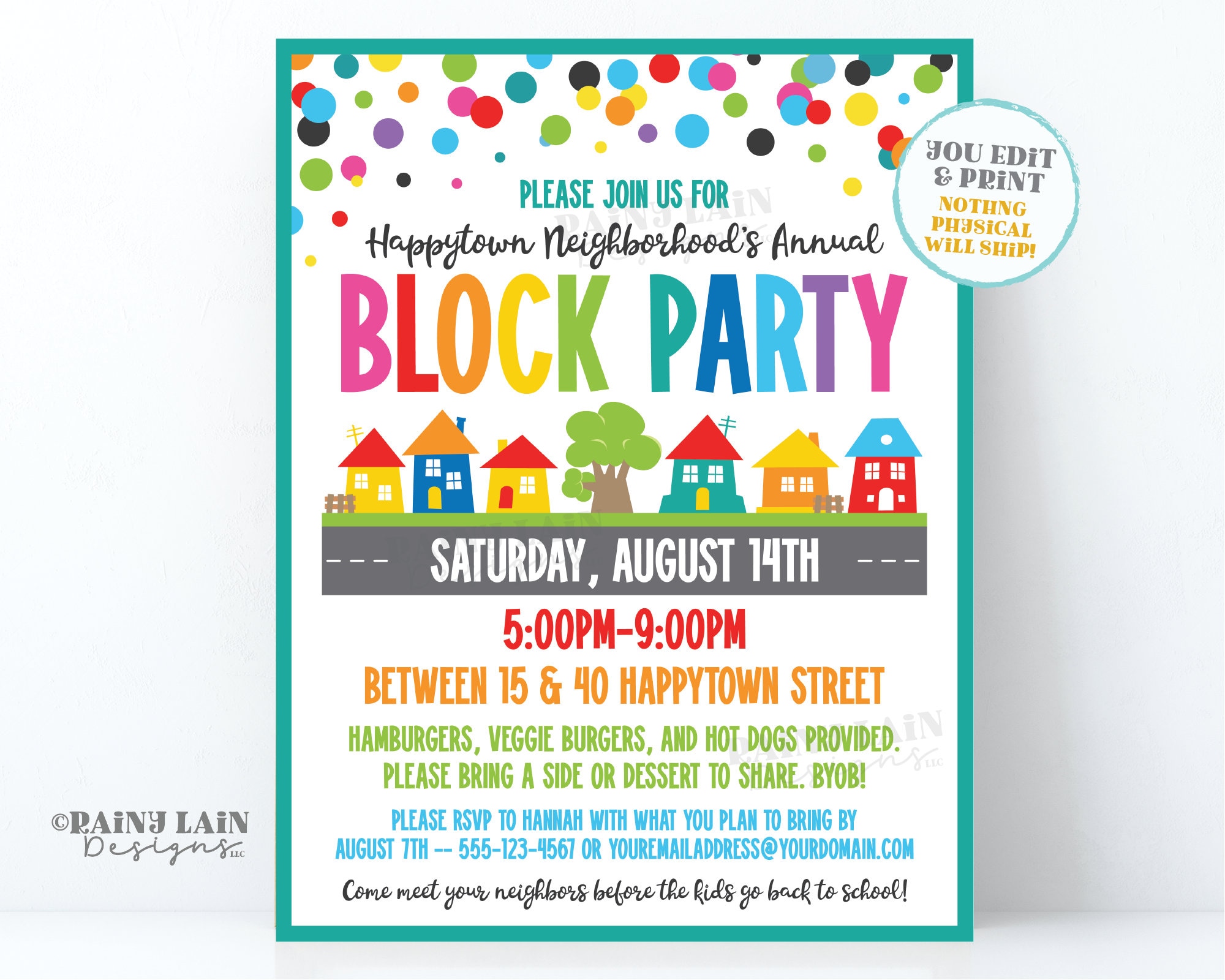 Editable Block Party Flyer Template, Neighborhood Street Summer Party Invite,  BBQ, Cookout, Digital Download