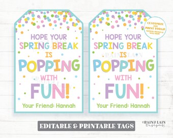 Könnte beinhalten: Zwei druckbare Geschenkanhänger mit einem bunten Konfetti-Hintergrund. Der Text auf den Anhängern lautet "Ich hoffe, deine Frühlingsferien sind voller Spaß!" mit dem Namen "Hannah" unten. Die Anhänger sind editierbar und druckbar.