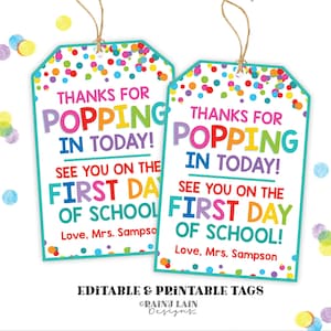 Thanks for Popping In Tag, Meet The Teacher, Student Gift Tag, Open House Gift, Student Gift Tags Back to School, Lollipop Tag, Popcorn Tag