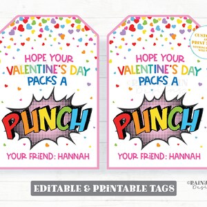 Pack de punch pour la Saint-Valentin, jus de fruits, punch aux fruits, ballon perforé, étiquette cadeau, bande dessinée super-héros préscolaire salle de classe imprimable enfants facile non-bonbon
