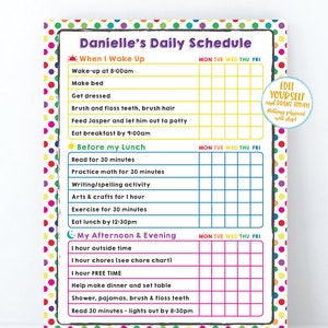 Home School Schedule Editable Kid Schedule Rainbow Polka Dot Printable Kids Daily Checklist Task List Chore Chart Template Weekly HomeSchool image 2