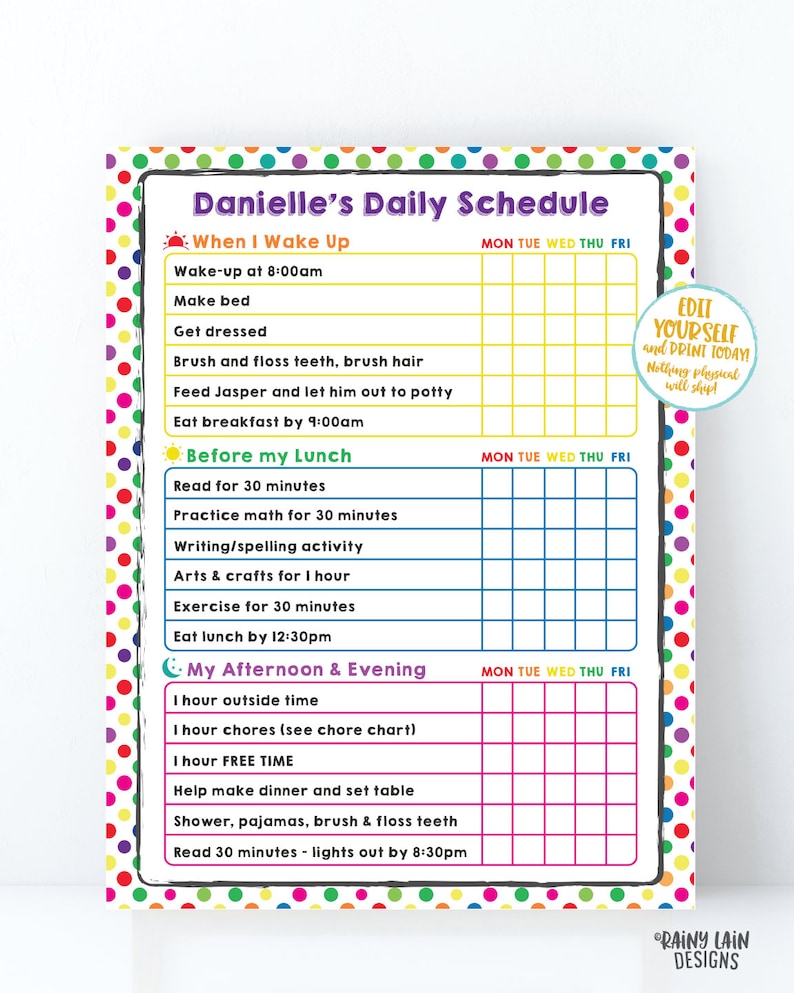 May include: A colorful printable daily schedule for a child named Danielle. The schedule includes activities like waking up, eating breakfast, reading, math, writing, arts and crafts, exercise, and outside time. The schedule is organized by day of the week, with columns for Monday through Friday.