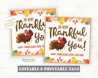 May include: Two printable Thanksgiving gift tags featuring a cartoon turkey with the text "So Very Thankful For You!" and "Happy Thanksgiving! Enter Your Name". The tags are surrounded by a watercolor border of fall leaves.