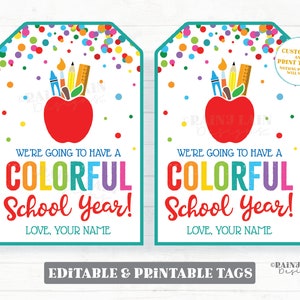 Colorful School Year Gift Tag Crayon Markers Paint Coloring Book Rainbow Candy Preschool Student From Teacher Printable Back to School