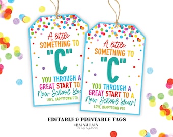 First Day of School Gift Bag Tag Downloadable, "C" You Through, Gift Tags Coffee First Day of School, Caffeine, Chocolate, Teacher Gift Idea