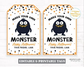 Make Your Own Monster Tag Editable Halloween Favor, Party, Printable Trick or Treat, Craft Activity, Dough, Digital Download