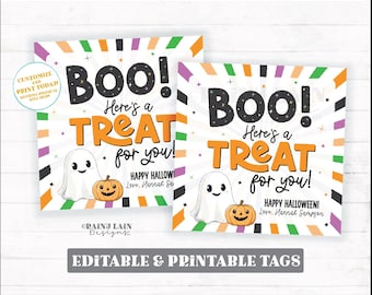 May include: Two printable Halloween treat tags with a striped background in orange, green, purple, and black. The tags feature a ghost and a pumpkin with the text "BOO! Here's a TREAT for you!" and "HAPPY HALLOWEEN! Love, Hannah Sampson".