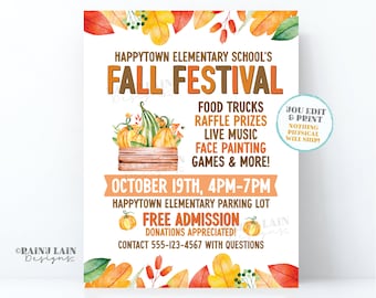 Editable Fall Festival Flyer Template, Harvest Invitation, Fundraiser, Church, School, Printable, Digital Download, Leaves, Pumpkins, Ghords