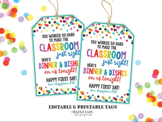 Printable First Day of School Teacher Gift Tag, Dinner and Dishes Gift Tag, Teacher Gift Tag from PTO, Downloadable Tag
