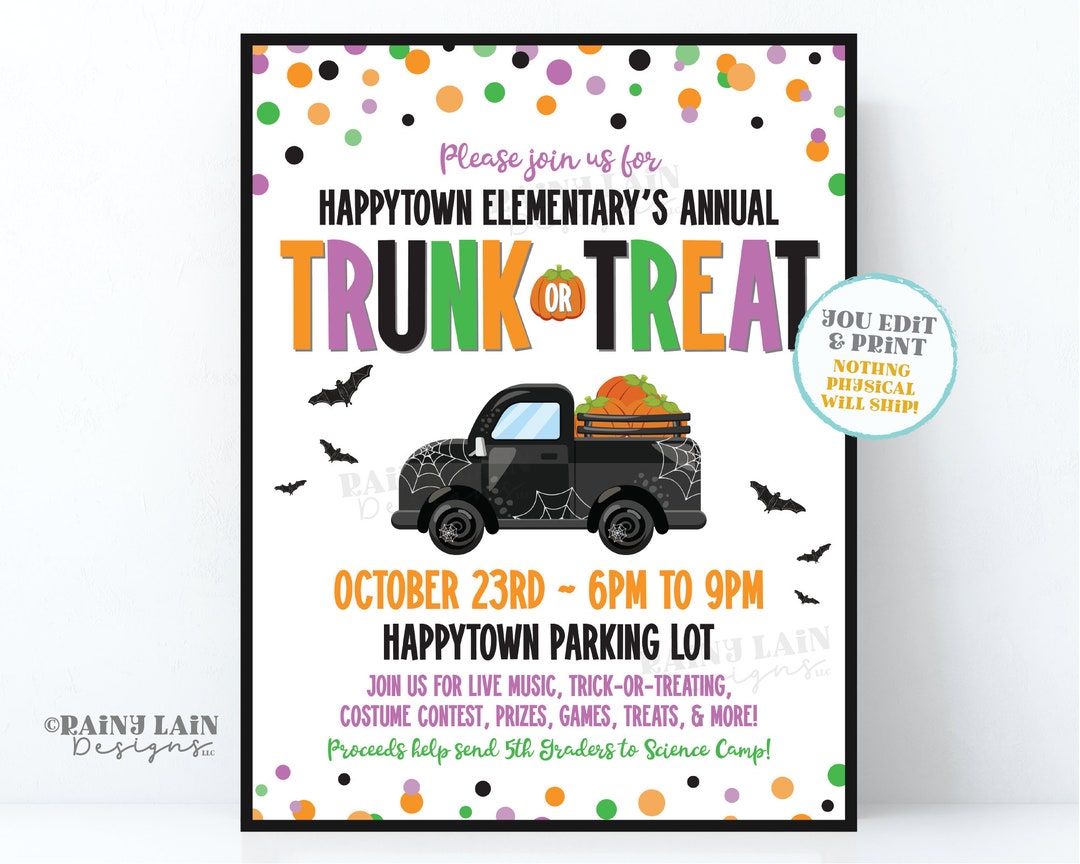 Editable Halloween Trunk or Treat Flyer Printable Flier Bats Invitation ...