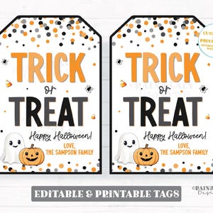 Trick or Treat Halloween Tag, Editable Corjl Template, Printable Happy Halloween Gift, Party Favor, Teacher, Costume, Kids, Download