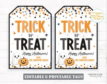 Trick or Treat Halloween Tag, Editable Corjl Template, Printable Happy Halloween Gift, Party Favor, Teacher, Costume, Kids, Download