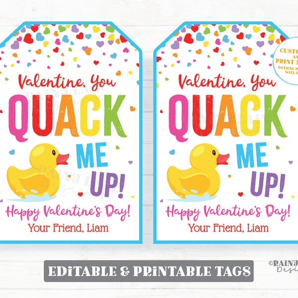 You Quack Me Up Valentine Tag, Rubber Duck Valentine's Day Gift Tag, Ducky Duckie Printable Preschool Classroom Kids Non-Candy Editable