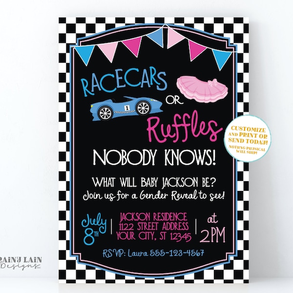 Racecars or Ruffles Gender Reveal Invitation Car Gender Reveal Invite Race Car Checker Flag Bunting Tutu Blue and Pink Chalkboard