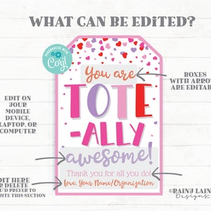 Tote-ally Awesome Valentine Tag, Tote Bag Reusable Bag Valentine's Day Gift Grocery Employee Friend Co-Worker Staff Teacher PTO Printable image 2