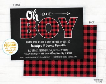 Buffalo Plaid Baby Shower Invite, Arrow Baby Shower Invitation, Lumberjack, Chalkboard, Outdoors, Winter, Rustic, Red Buffalo Plaid, Oh Boy