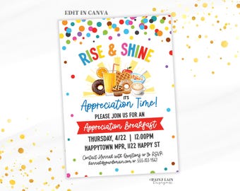 Appreciation Breakfast Invite Template, Rise and Shine It's Appreciation Time, Appreciation Week, School PTO PTA, Canva Template