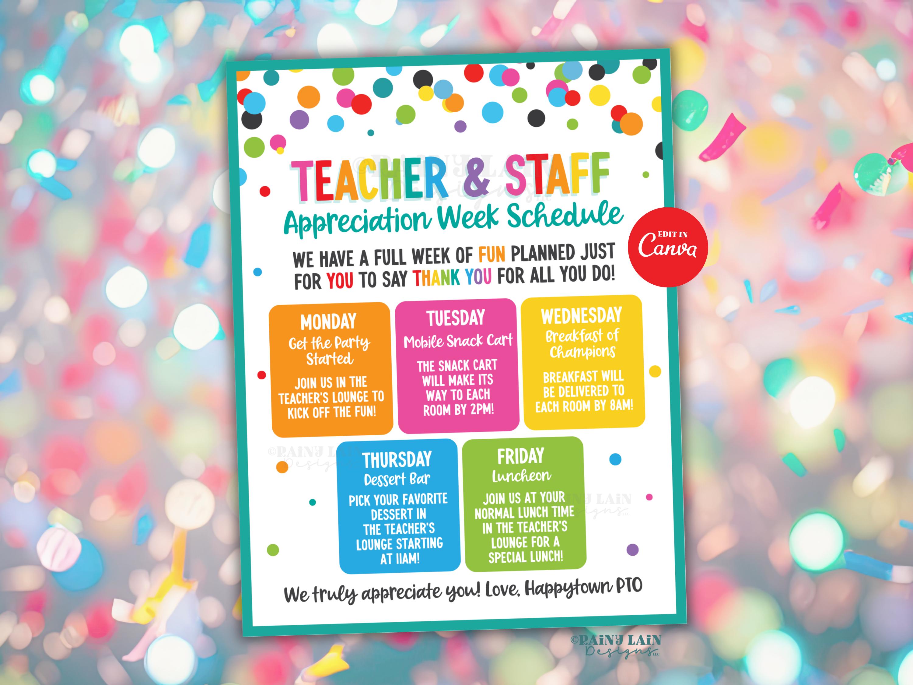 Week Of Fun Editable Teacher Appreciation Week Schedule Flyer Itinerary Luncheon ...